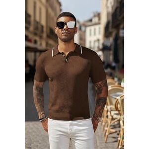 PJ Paul Jones Mens 2XL Brown Textured Knit Polo Shirt Short Sleeve Striped Trim